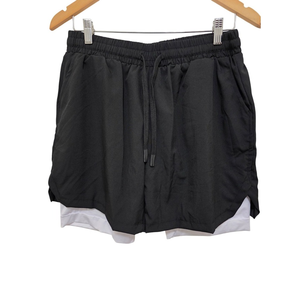 Mens 2-In-1 Black Athletic Shorts White Liner Elastic Waistband & Drawstring Zip